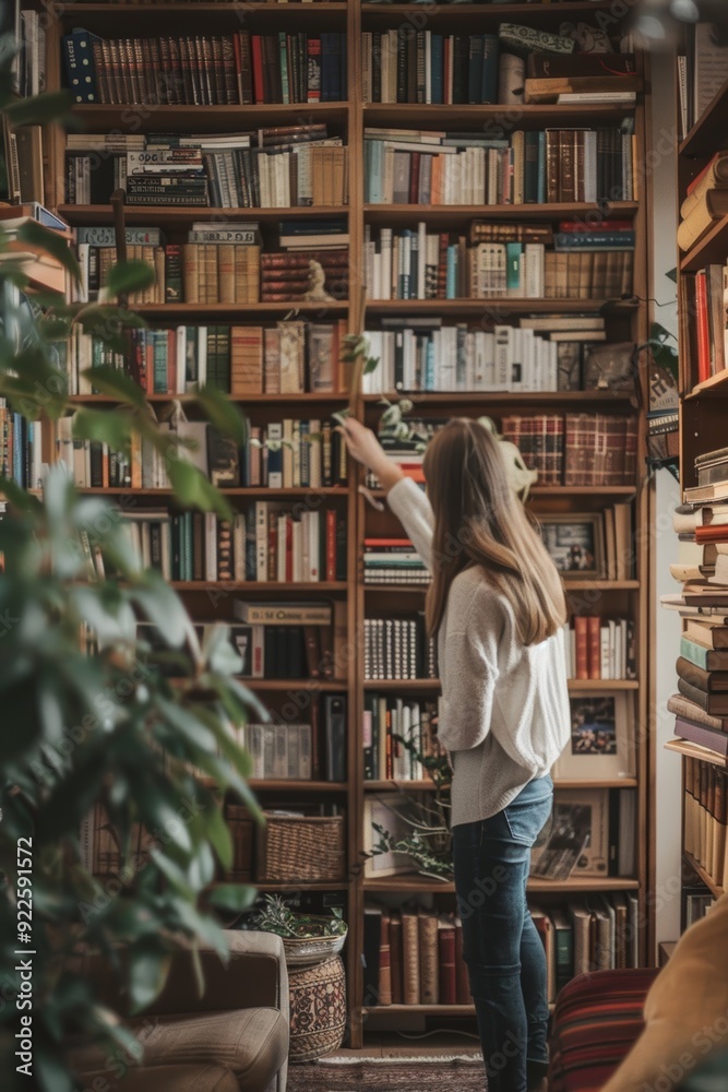 Young Woman Arranging Books on Shelves in Cozy, Modern Apartment for a Fresh Start Young Woman Arranging Books on Shelves in Cozy, Modern Apartment for a Fresh Start