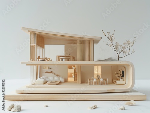 Blank white background, product showcase, toy-sized house with a split-level design, sleek minimal wooden design by MIEDT, prestigious design, contest winner, sharp and clear, no vegetation