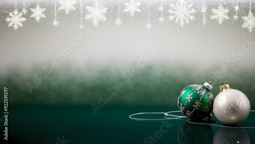 Christmas Ornaments on Reflective Surface with Falling Snowflakes