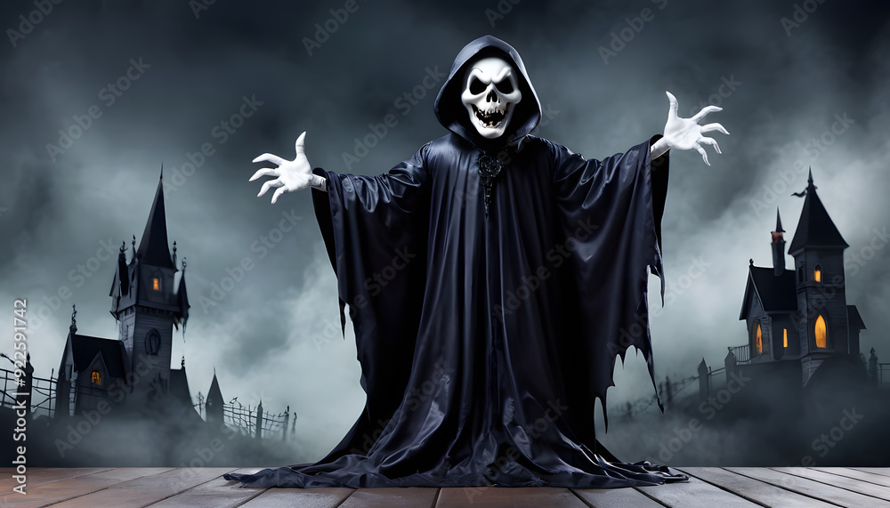 A spooky character with a skull-like face. The character has an eerie smile creating a haunting atmosphere. Halloween concept. A spooky character with a skull-like face. The character has an eerie smile creating a haunting atmosphere. Halloween concept.