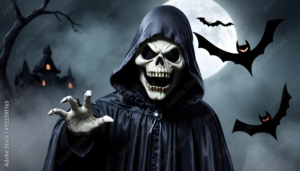 A spooky character with a skull-like face. The character has an eerie smile creating a haunting atmosphere. Halloween concept. A spooky character with a skull-like face. The character has an eerie smile creating a haunting atmosphere. Halloween concept.