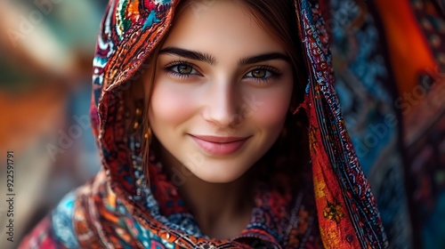 A beautiful Krygyzstani woman. Kyrgyzstan. A beautiful Krygyzstani woman. A young woman with a warm smile is adorned in a colorful, patterned scarf, exuding a sense of beauty and cultural richn. #wotw