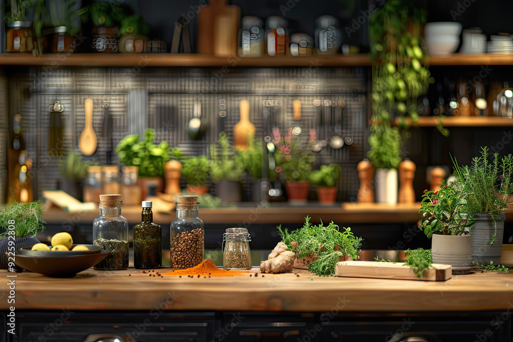 Fototapeta premium Kitchen counter with fresh herbs and spices displayed in glass jars and bottles