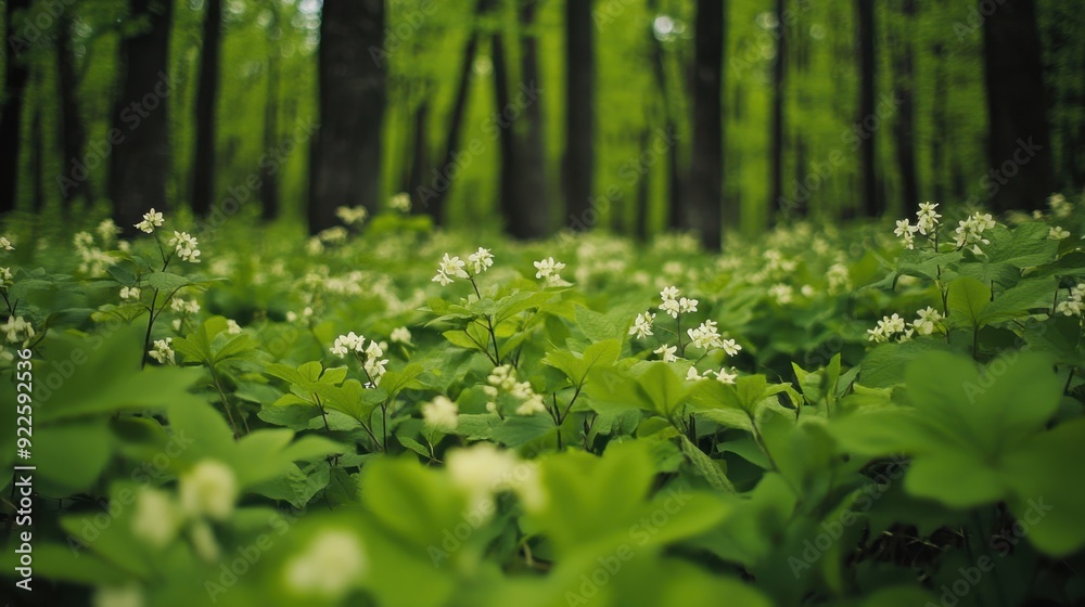 Vibrant Spring Forest Blooms - Fresh Green Foliage and White Wildflowers Vibrant Spring Forest Blooms - Fresh Green Foliage and White Wildflowers