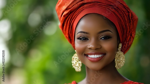 A beautiful Nigerian woman. Nigeria. A beautiful Nigerian woman. A young woman wearing a vibrant orange headwrap and elegant earrings smiles warmly against a blurred natural background, conveyi. #wotw photo