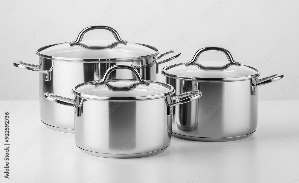 A set of shiny stainless steel pots and pans neatly arranged on a kitchen counter. A set of shiny stainless steel pots and pans neatly arranged on a kitchen counter.