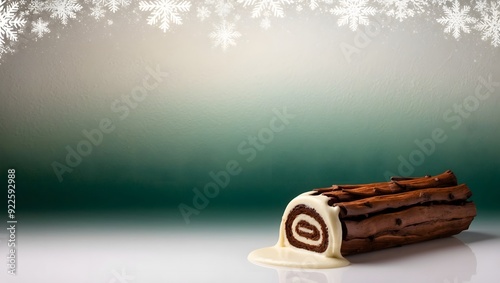 Chocolate yule log with cream, melting on festive winter background