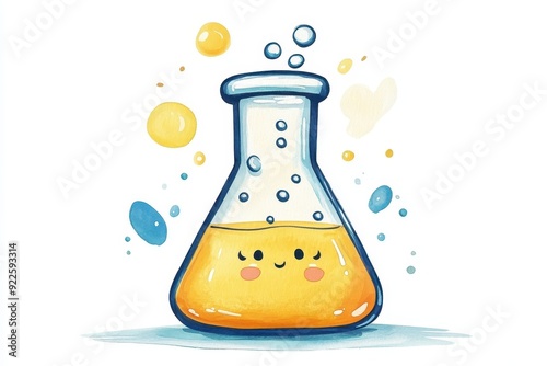 A charming cartoon beaker filled with yellow liquid, featuring a smiling face in a watercolor style.