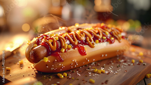 Sizzling Hot Dog Delight with Artistic Background - Unique Wallpaper Design for Gourmet Visuals