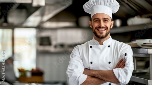 A happy male chef stands proudly in a modern restaurant kitchen. He wears a classic white uniform and a chef hat. This image captures the essence of culinary passion and professionalism. AI photo