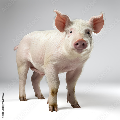 Glückliches Hauschwein, freigestellt vor neutralem Hintergrund, Generative AI