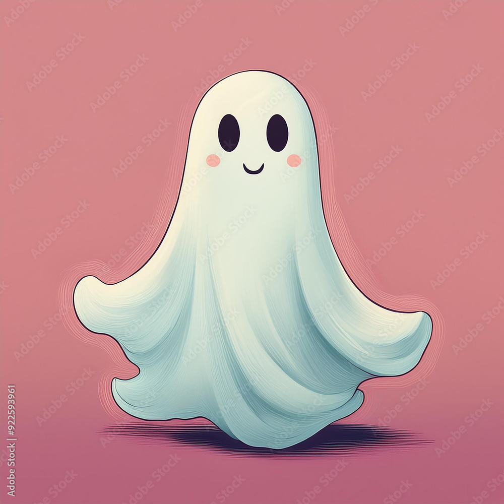 Illustration of cute white ghost isolated on pink backdrop. Art for children book