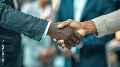 Close-up of two business professionals shaking hands, symbolizing agreement or partnership,