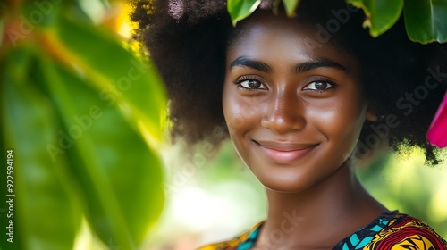 A beautiful Vanuatuan woman. Vanuatu. A beautiful Vanuatuan woman. A close-up portrait of a smiling young woman with natural hair surrounded by vibrant green foliage, showcasing beauty and conf. #wotw photo