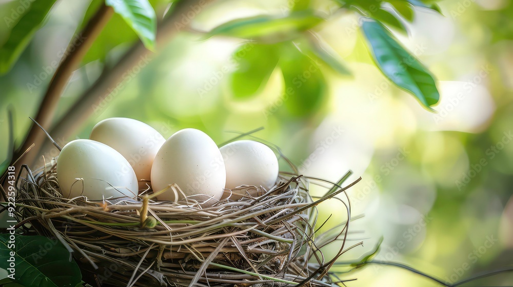 Obraz premium Four white eggs sit in a woven nest made of twigs and leaves. The nest is nestled in a tree with green leaves and blurred background.