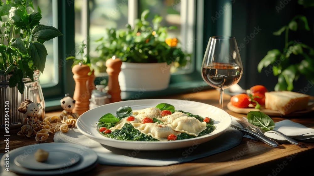 A whimsical ravioli scene, with spinach and cheese ravioli playfully arranged and surrounded by imaginative food elements. A whimsical ravioli scene, with spinach and cheese ravioli playfully arranged and surrounded by imaginative food elements.