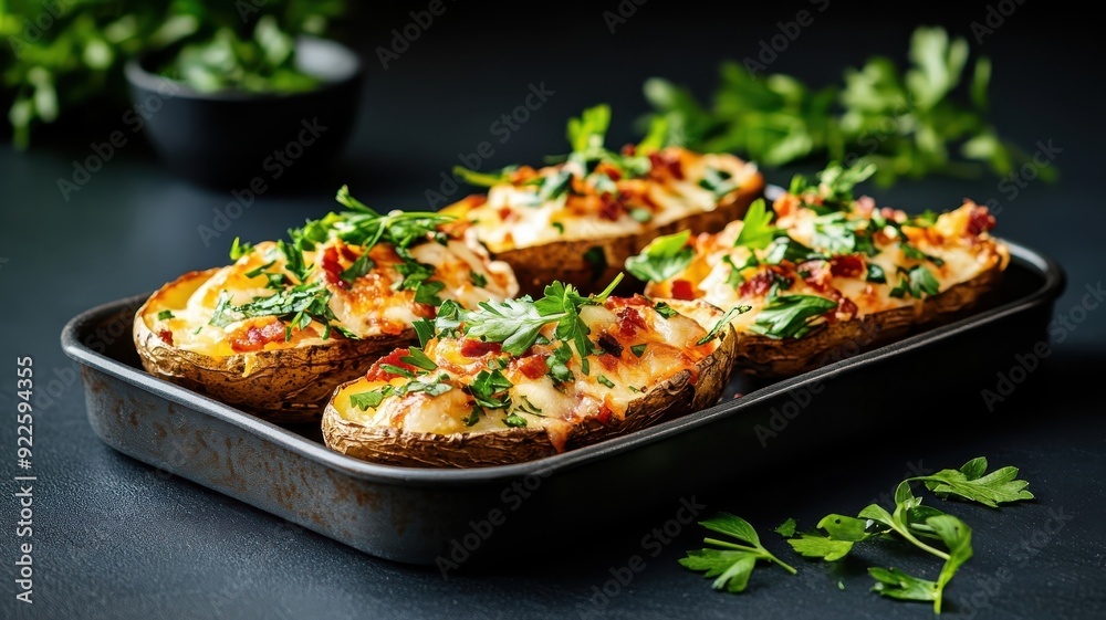 A dramatic image of a tray of loaded potato skins, with lighting accentuating the texture of the crispy potato, cheese, and bacon.