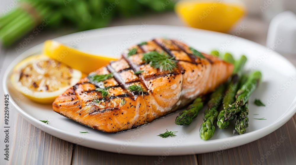 Grilled Salmon, perfectly charred with a lemon-dill glaze and served with asparagus. Grilled Salmon, perfectly charred with a lemon-dill glaze and served with asparagus.