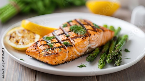 Grilled Salmon, perfectly charred with a lemon-dill glaze and served with asparagus.