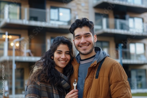 Happy Couple Holding Keys to New Apartment in Modern Building - Real Estate and Homeownership