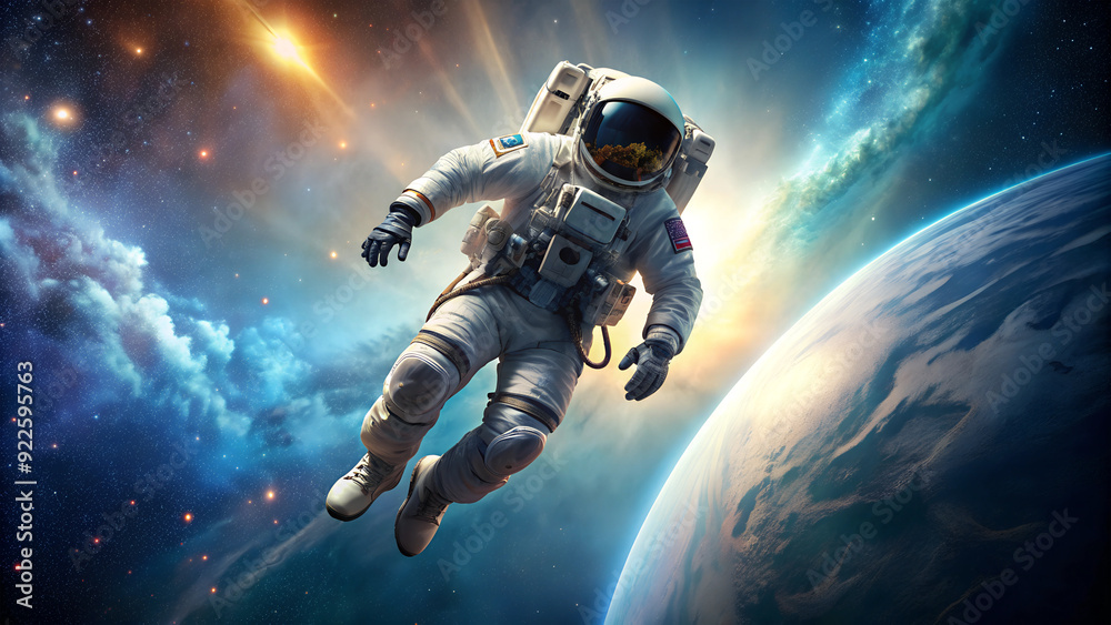 An astronaut in space in near-earth orbit. An astronaut in space in near-earth orbit.