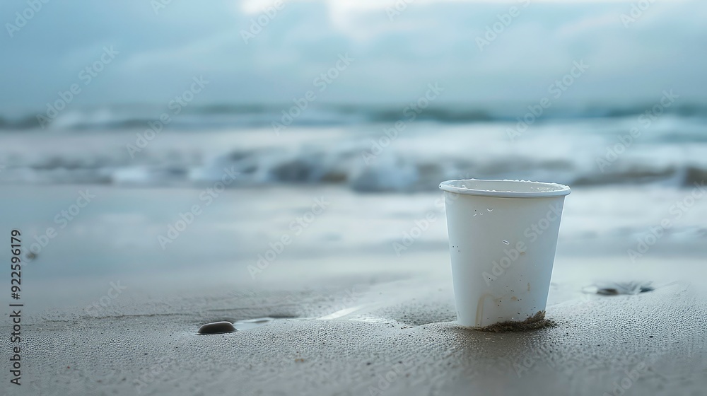 A white paper cup sits on a sandy beach with water droplets on it. The cup is partially submerged in the sand. The background is out of focus, showing a blurred image of the ocean and the sky. A white paper cup sits on a sandy beach with water droplets on it. The cup is partially submerged in the sand. The background is out of focus, showing a blurred image of the ocean and the sky.