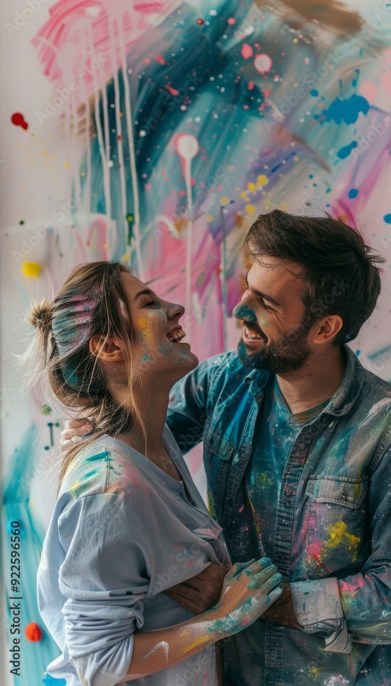 Obraz premium Creative Couple Painting Together in Vibrant Living Room for Home Renovation with Laughter and Joy