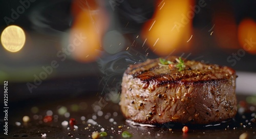 Grilled Steak on a Plate With Herb Garnish Near an Open Flame at Dusk