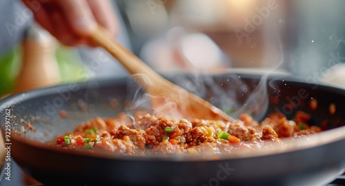 Cooking Savory Meat Mixture With Vegetables in a Pan on the Stove