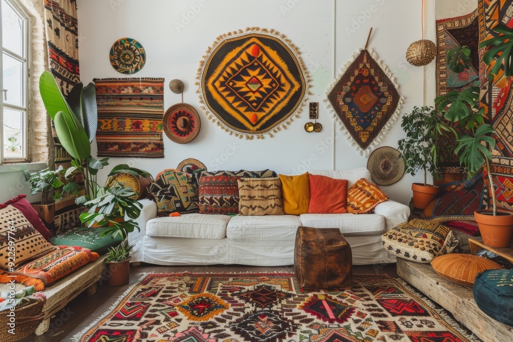 Friends Creating a Vibrant Living Room With Colorful Rugs, Cushions, and Wall Art Friends Creating a Vibrant Living Room With Colorful Rugs, Cushions, and Wall Art