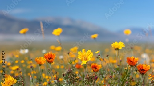 Golden Wildflowers Blooming Under Clear Blue Sky in Springtime Landscape