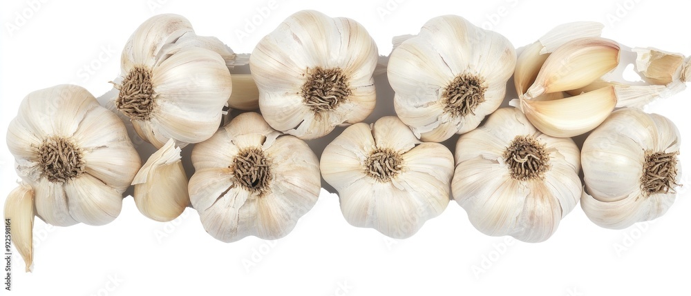 A row of whole garlic bulbs, some with cloves removed, against a white backdrop. A row of whole garlic bulbs, some with cloves removed, against a white backdrop.