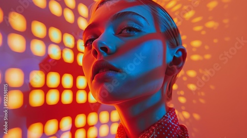 Close-Up Portrait of a Person With Blue and Red Light Patterns at Night