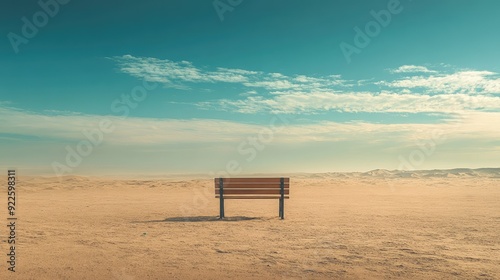 A bench standing alone in a deserted landscape, with sand stretching to the horizon.