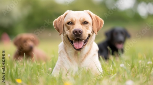 Happy Labrador Retriever Relaxing On Green Grass In A Sunlit Park