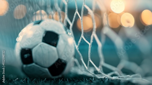 Soccer Ball Nestled in Goal Net During Evening Match