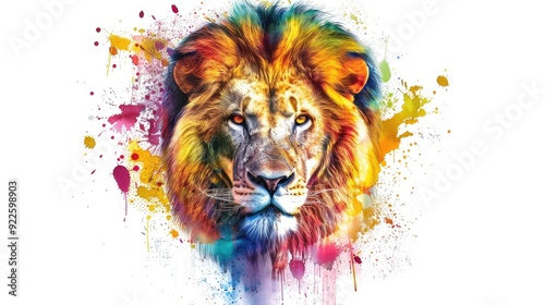 Colorful Lion Portrait with Watercolor Splatter