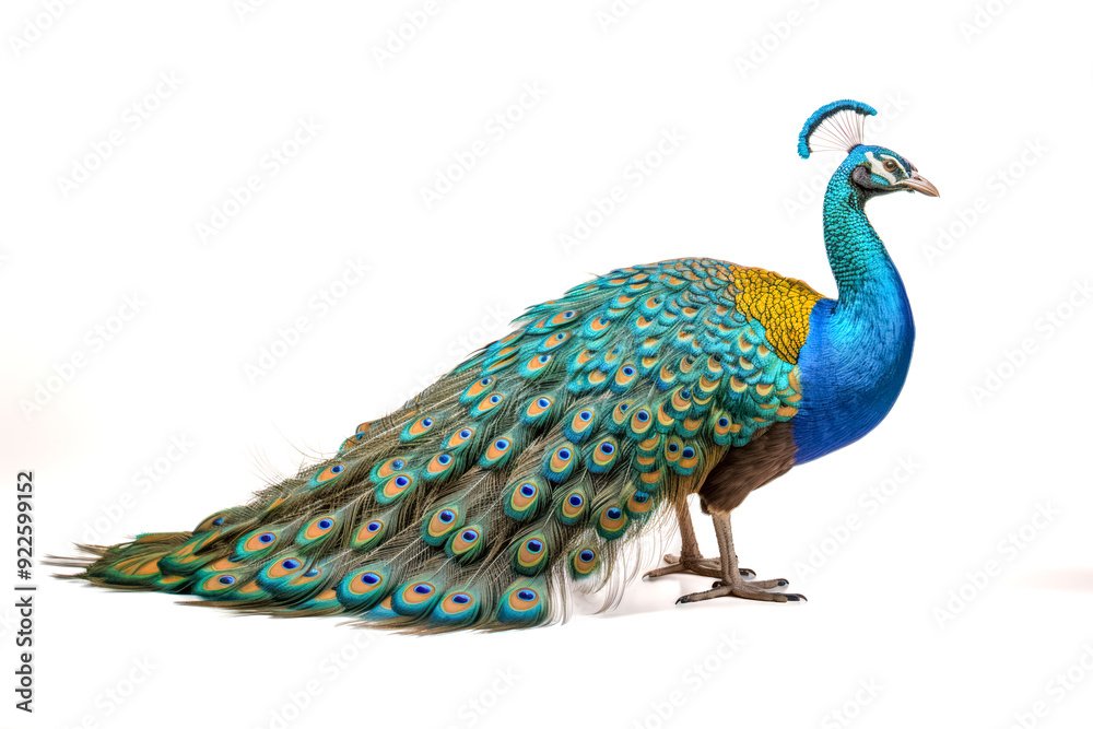 Fototapeta premium Prächtiger Pfau, freigestellt vor weissem Hintergrund, Generative AI