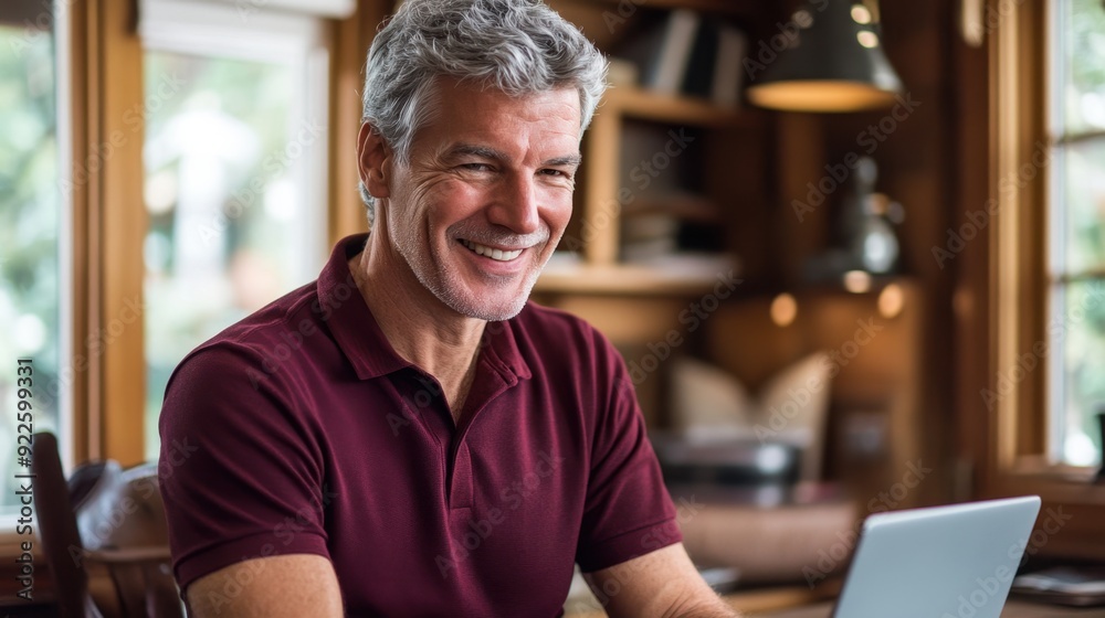 Confident Mature Man Smiling at Home with Laptop Confident Mature Man Smiling at Home with Laptop