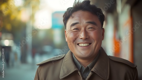 A handsome North-Korean korean. North-Korea. A cheerful middle-aged man smiles warmly in a bustling urban setting, exuding positivity and approachability. . #motw