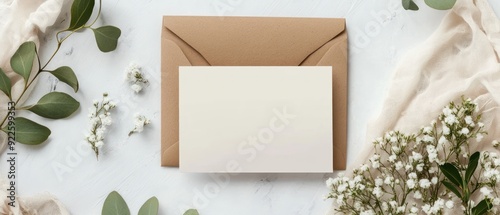 Blank Card with Envelope and Floral Decorations