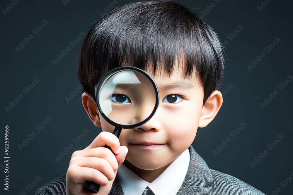 Young boy in a suit examining the world through a magnifying glass against a dark backdrop