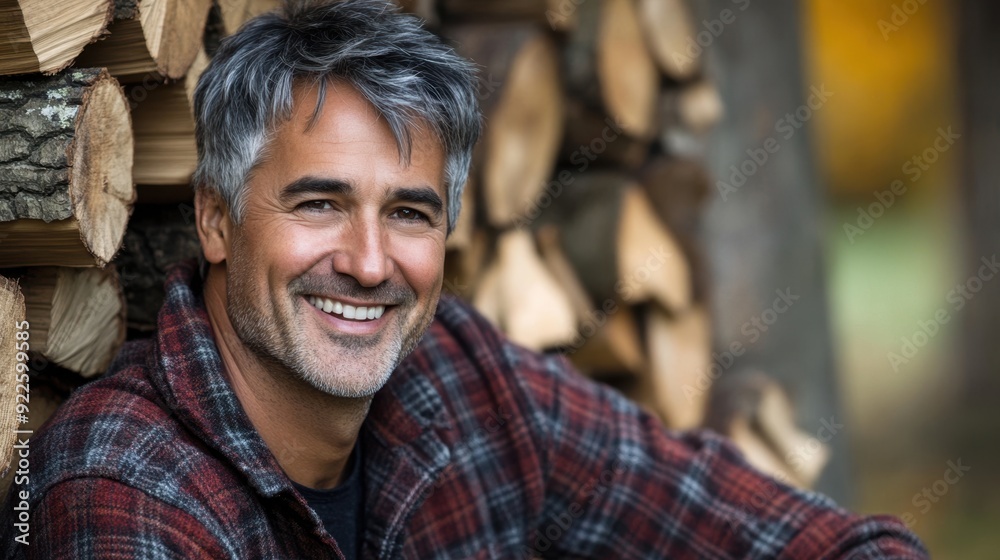 Handsome Middle-aged Man Smiling by Woodpile Outdoors Handsome Middle-aged Man Smiling by Woodpile Outdoors