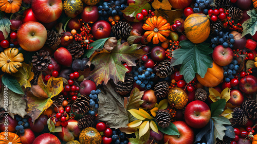 Assorted fruits and autumn leaves with pine cones fall harvest seamless pattern