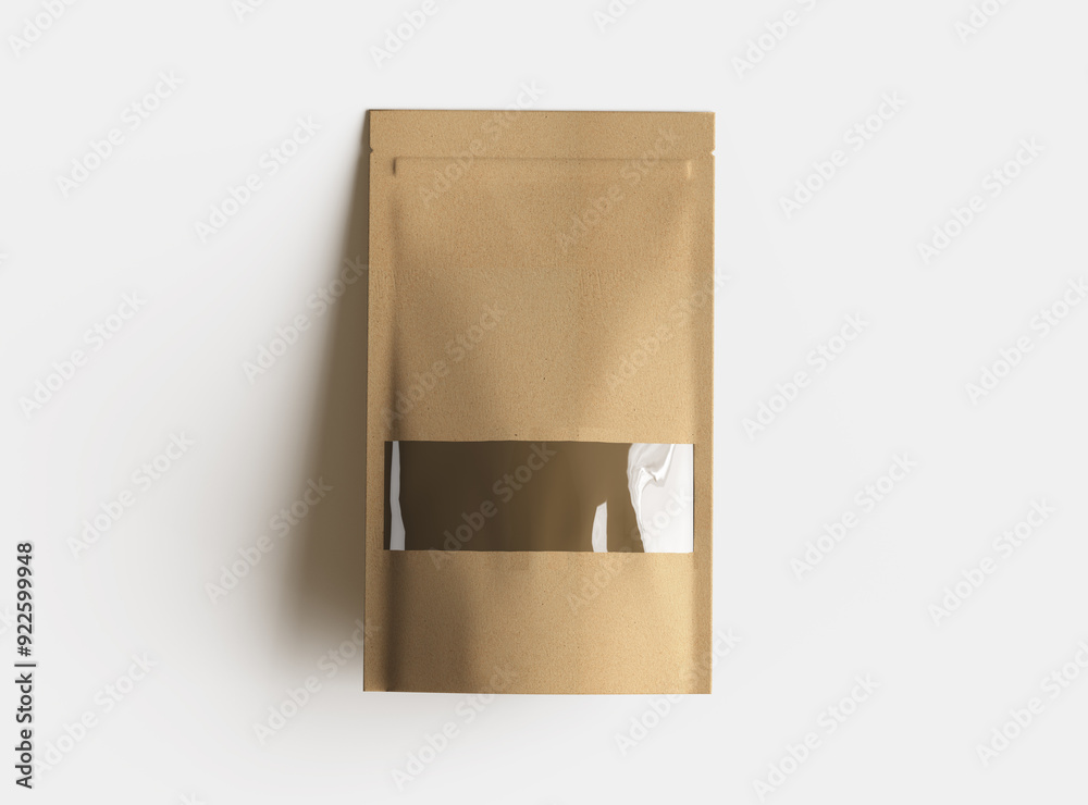 Render of a long paper doypack with the window hole on a light background Render of a long paper doypack with the window hole on a light background