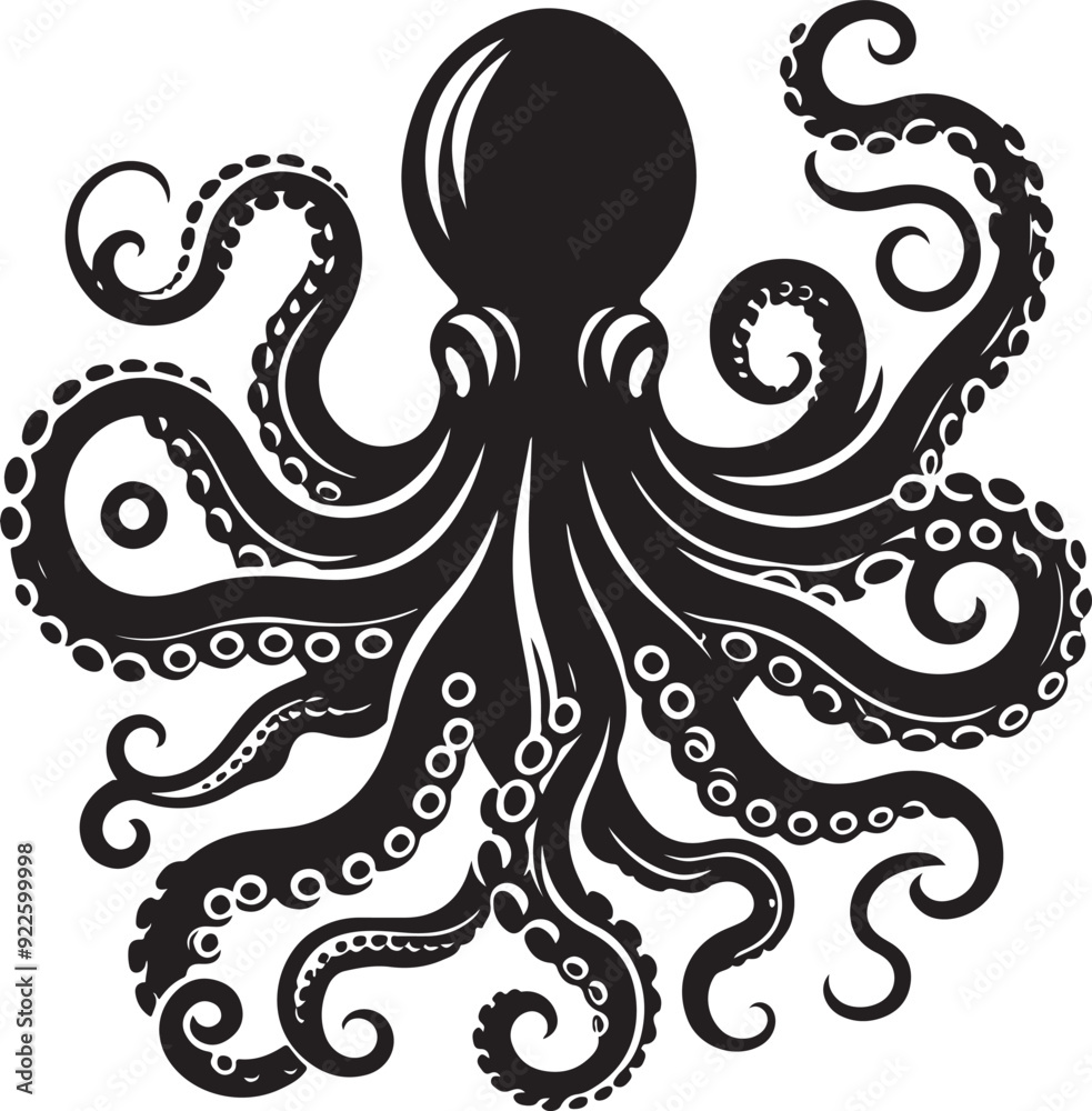 Octopus Silhouette Vector Illustration On Isolated White Background