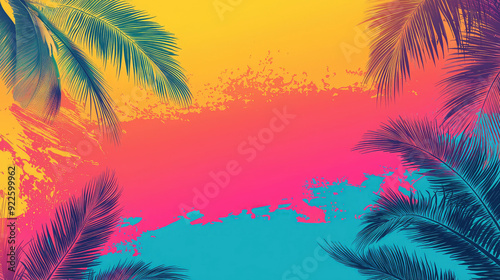 Colorful summer background with palm trees and color splashes, summer beach poster template