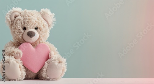 Cute Teddy Bear Holding Pink Heart on Pastel Background