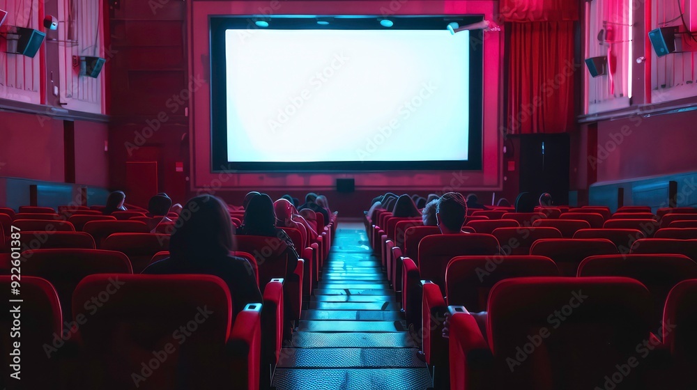 Fototapeta premium A darkened movie theater with rows of red seats facing a blank screen. Silhouettes of people seated in the theater.