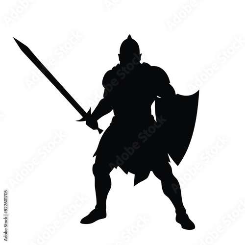 a body builder medieval knight with sword, stand with warior pose vector silhouette 